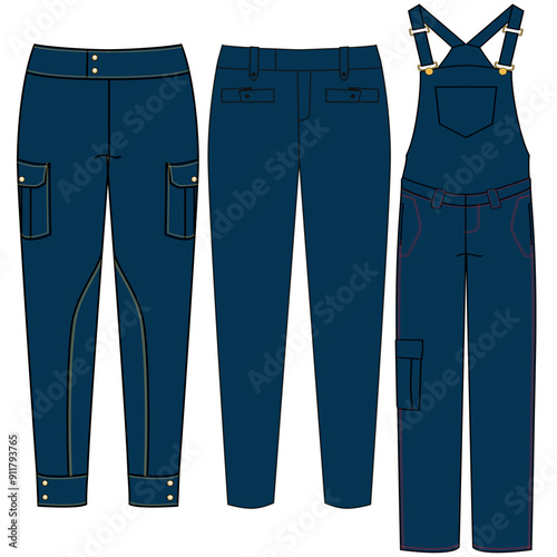Technical fashion illustration pants and shorts set with regular low waist, high rise, mini midi maximum length, pockets. Flat garment template for pants front, back, gray color. Women, men make fun