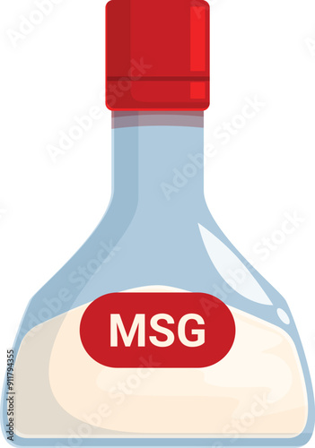 Glass bottle with a red cap containing msg, a common flavor enhancer used in many cuisines