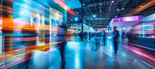 Long exposure capture of blurred people at an IT business convention demo booth