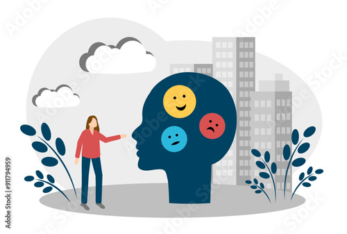 Different emotions of a woman. Symptoms of PMS. Woman's Head with Different Emoticons