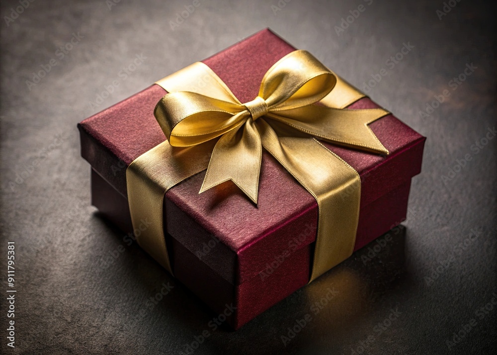 Fototapeta premium Rich Burgundy Gift Box with Gold Ribbon on a Dark Background with Soft Lighting