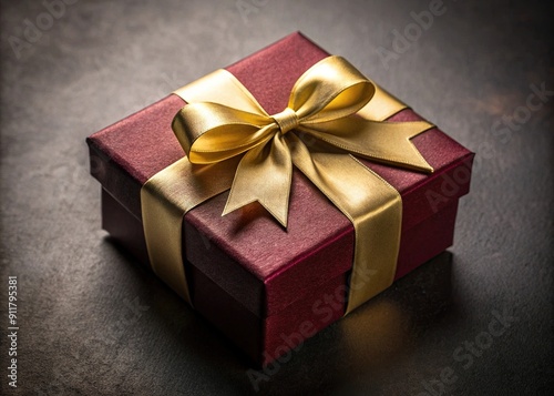 Rich Burgundy Gift Box with Gold Ribbon on a Dark Background with Soft Lighting