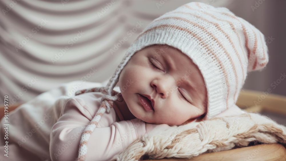 A baby sleeping in a hat on top of a wooden chair, AI A baby sleeping in a hat on top of a wooden chair, AI