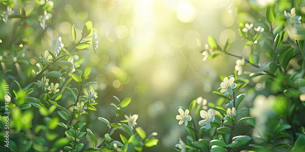 White flowers bloom on green branches in sunlight. White flowers bloom on green branches in sunlight.