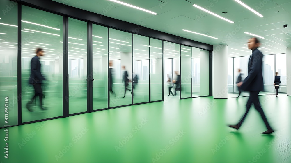 people walking on green office space, motion blur effect, environment concept