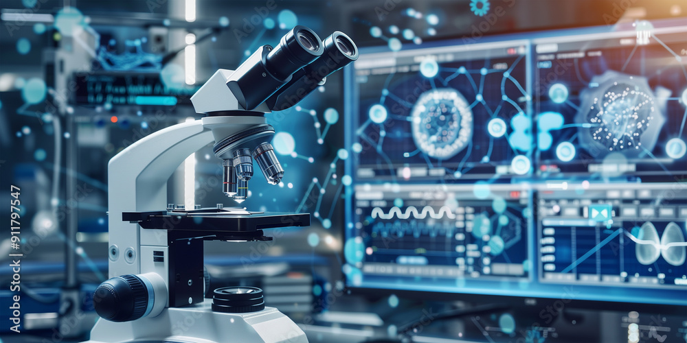 A biochemistry and scientific research laboratory, equipped with microscope and medical equipment. A biochemistry and scientific research laboratory, equipped with microscope and medical equipment.