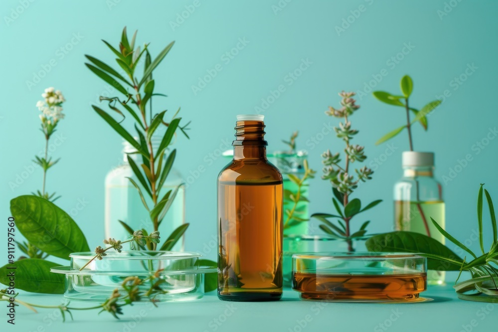 A bottle of essential oils surrounded by various herbs, ideal for health and wellness scenes A bottle of essential oils surrounded by various herbs, ideal for health and wellness scenes