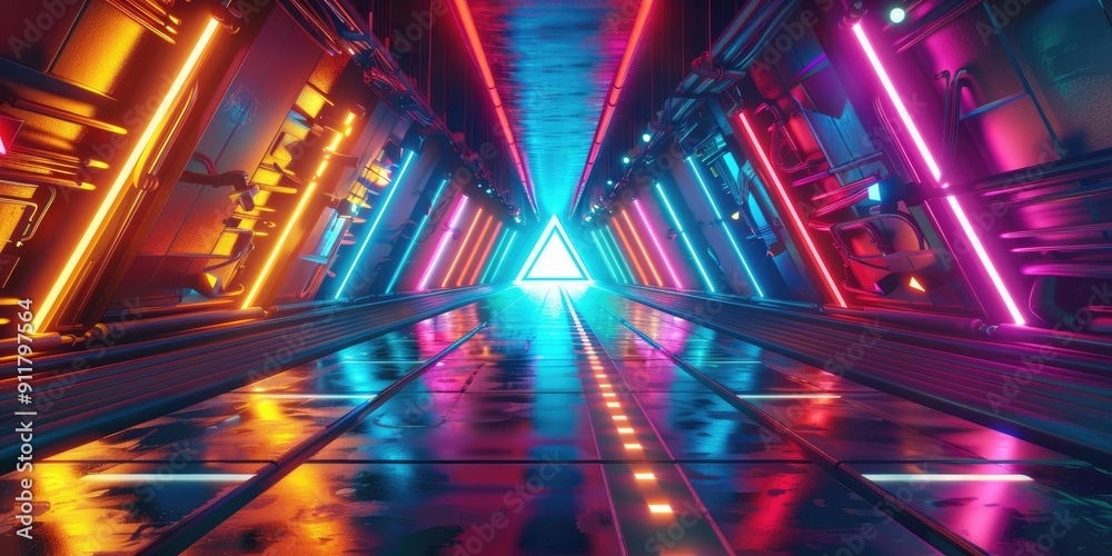 Fototapeta premium Neon lights illuminate a futuristic hallway.