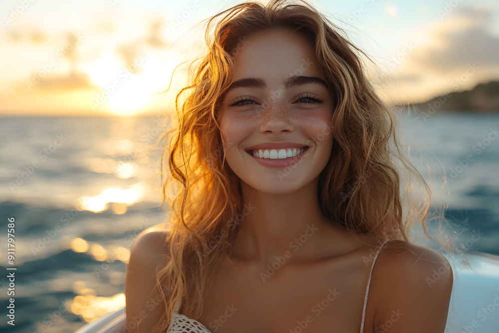 Smiling Woman Enjoying a Relaxing Boat Ride on the Water at Sunset
Smiling Woman Enjoying a Relaxing Boat Ride on the Water at Sunset