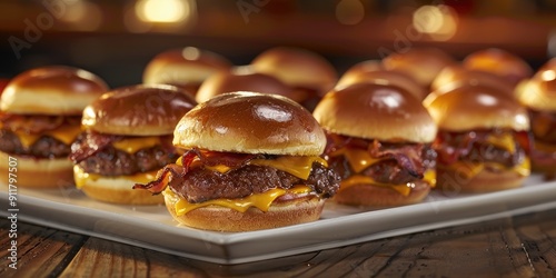 Variety of Beef Sliders with Bacon and Cheese on Classic American Diner Menu