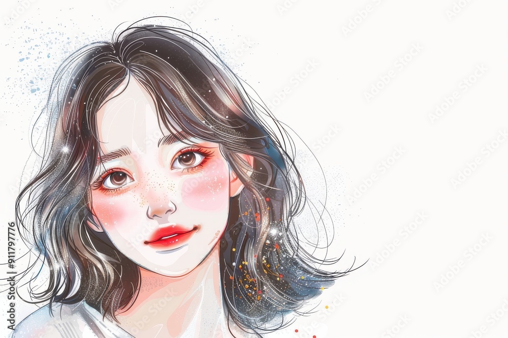 Fototapeta premium 華やかな若い日本人女性のイラスト（若者・10代・20代・モデル・微笑み・背景なし・白背景）