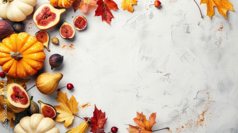 Minimal flat lay thanksgiving background with gourds, maple leaves, and figs generative ai Minimal flat lay thanksgiving background with gourds, maple leaves, and figs generative ai