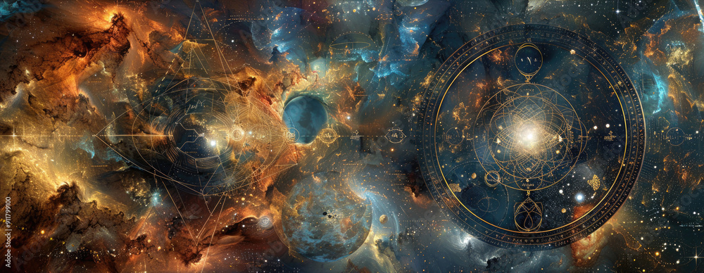 Astrological symbols in fantasy space, panoramic banner with Zodiac signs, nebula, stars and sky. Concept of astrology, horoscope, art, galaxy, background and time