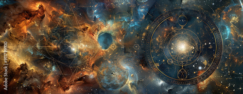 Obraz na płótnie Astrological symbols in fantasy space, panoramic banner with Zodiac signs, nebula, stars and sky. Concept of astrology, horoscope, art, galaxy, background and time w salonie
