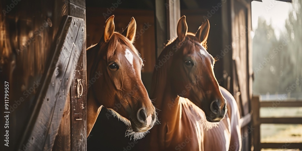 Obraz premium Sorrel Horses in Stable with Brown Horse