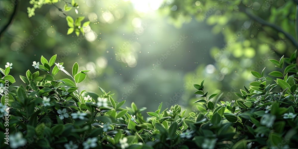 Fototapeta premium White flowers and green leaves in sunlight.