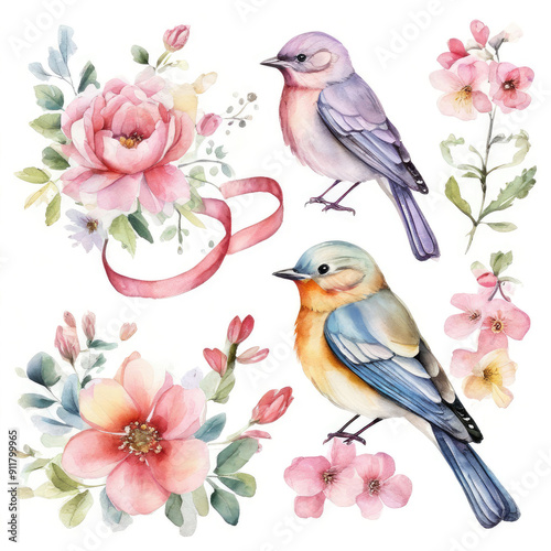 Flowers and birds watercolor set.