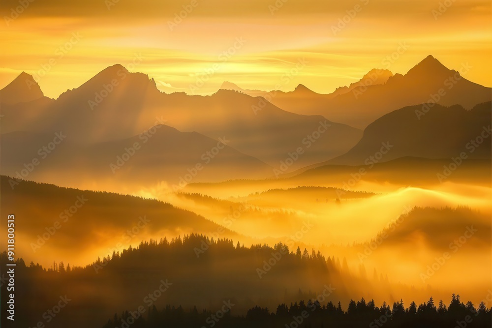 majestic dawn misty mountain peaks bathed in golden sunrise light dramatic sky layered silhouettes aweinspiring landscape capturing natures grandeur majestic dawn misty mountain peaks bathed in golden sunrise light dramatic sky layered silhouettes aweinspiring landscape capturing natures grandeur