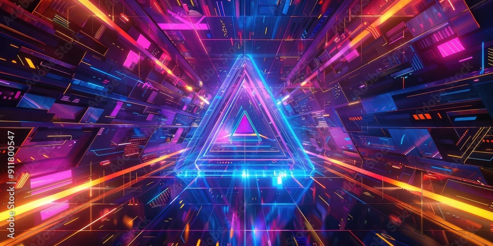 Neon lights illuminate a futuristic triangle. Neon lights illuminate a futuristic triangle.