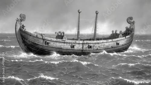 Amid turbulent waves, Noah's Ark floats valiantly as creatures within wait for the flood to recede, embodying hope amidst adversity in a biblical tale.