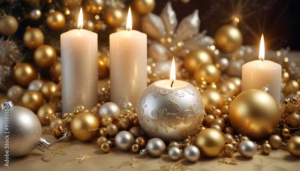 Elegant Festive Display of Warm Candlelight Amidst a Collection of Shimmering Gold and Silver Christmas Ornaments Creating a Luxurious Holiday Atmosphere Elegant Festive Display of Warm Candlelight Amidst a Collection of Shimmering Gold and Silver Christmas Ornaments Creating a Luxurious Holiday Atmosphere