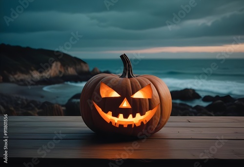 Illuminated Jack-o’-Lantern Displaying Traditional Halloween Features with a Spooky Glowing Face on a Neutral Background photo