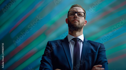 Portrait of serious male trader against background of colorful neon stripes displaying change data on monitors