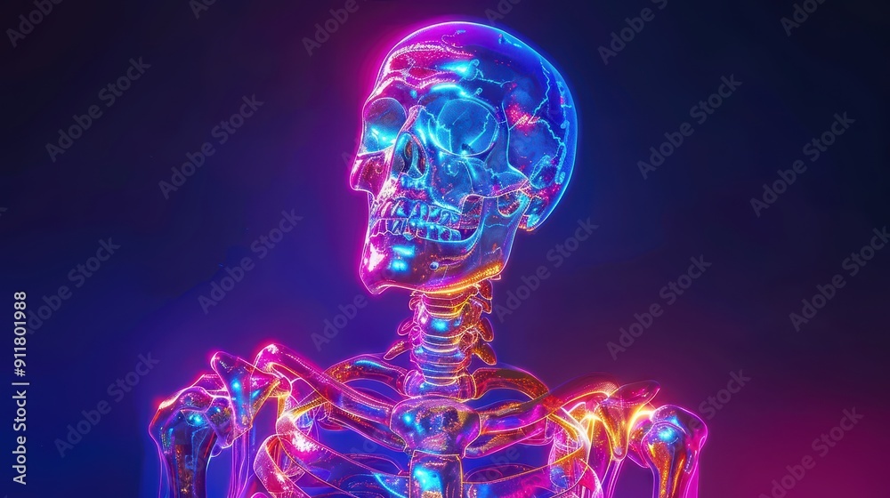 A vibrant, neon-colored skeleton wallpaper with bright, glowing bone outlines on a dark background A vibrant, neon-colored skeleton wallpaper with bright, glowing bone outlines on a dark background