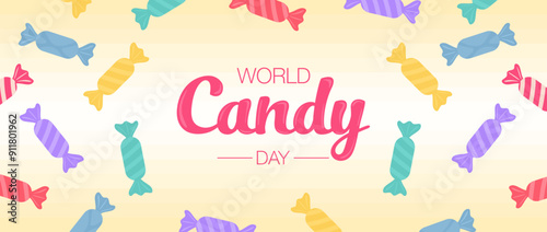 World Candy Day. October 18. Various delicious candies in different color for poster, greeting card, flyer and banner. Sweet candy collection for national celebration. Colored flat vector illustration