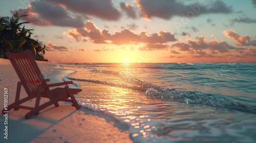 Sunset of an Artificial Beach with Beach Chair: 8K photo