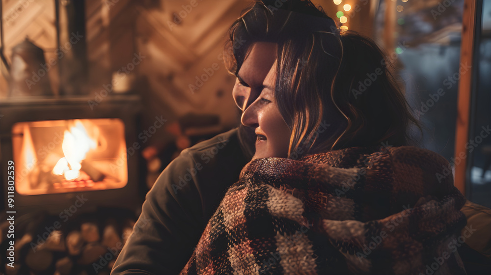 Two people embrace lovingly in front of a crackling fireplace, surrounded by warm ambiance. Two people embrace lovingly in front of a crackling fireplace, surrounded by warm ambiance.