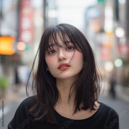 東京の繁華街で、髪をなびかせる若い女性が微笑みながらカメラを見つめている。