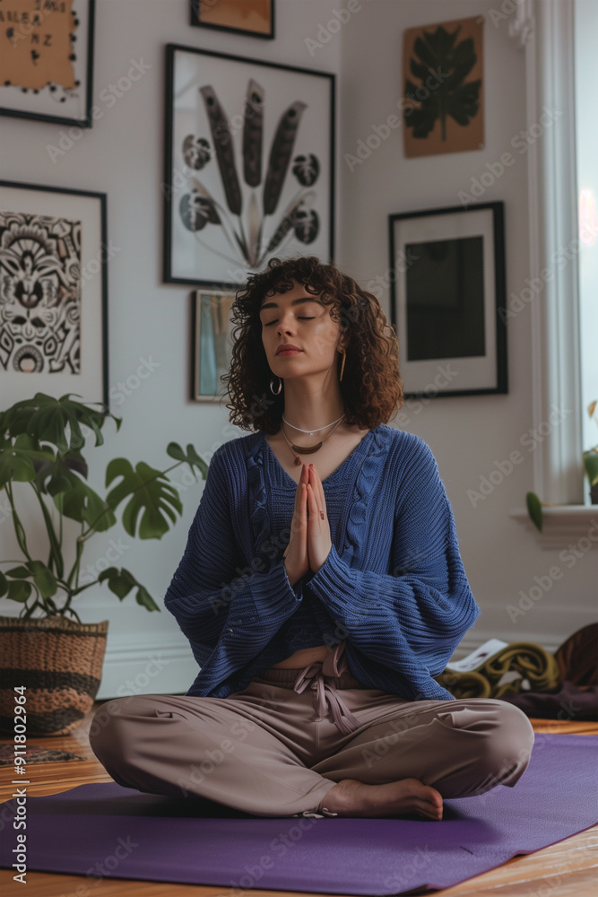 A young African American woman exercising, pilates at home, in a harmonious living room, relaxing in the morning. A young African American woman exercising, pilates at home, in a harmonious living room, relaxing in the morning.