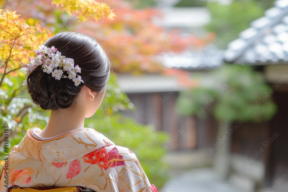 着物を着た女性が京都の紅葉を背にし、穏やかな秋の午後を楽しんでいる。 着物を着た女性が京都の紅葉を背にし、穏やかな秋の午後を楽しんでいる。