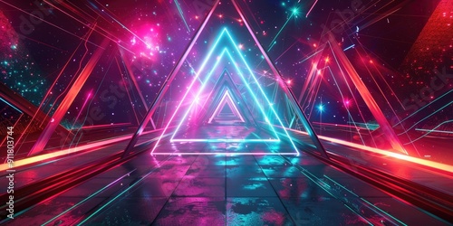 Neon glowing triangles in a dark space.