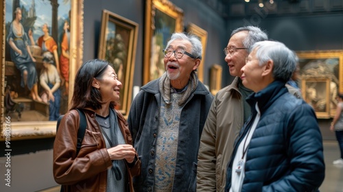 Wallpaper Mural Four adults chat joyfully in a museum, surrounded by beautiful artwork and framed paintings Torontodigital.ca