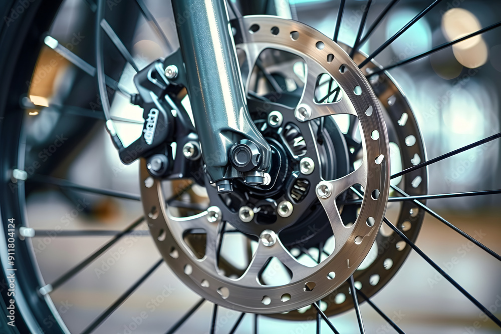 Detailed close-up of modern e-bike's front wheel showcasing stainless steel brake disc and caliper, emphasizing advanced technology and precision engineering. Detailed close-up of modern e-bike's front wheel showcasing stainless steel brake disc and caliper, emphasizing advanced technology and precision engineering.