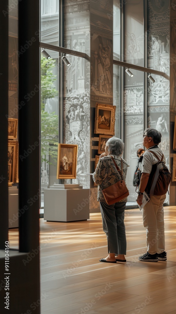 Two visitors admire classic artworks displayed in a modern art gallery filled with natural light Two visitors admire classic artworks displayed in a modern art gallery filled with natural light