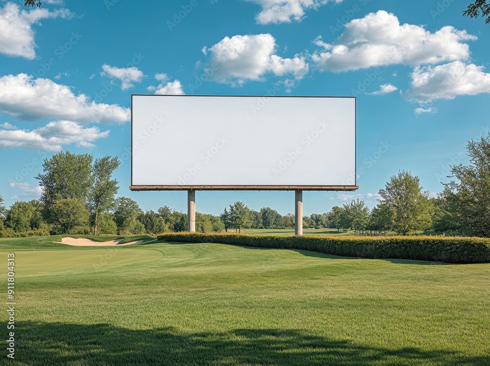 A large white blank billboard on the side of an open field, surrounded by trees and grassy fields under a blue sky. A large white blank billboard on the side of an open field, surrounded by trees and grassy fields under a blue sky.