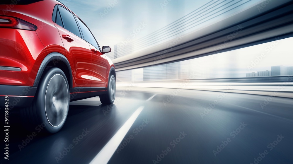 Modern red SUV speeding on the highway. Generative ai Modern red SUV speeding on the highway. Generative ai