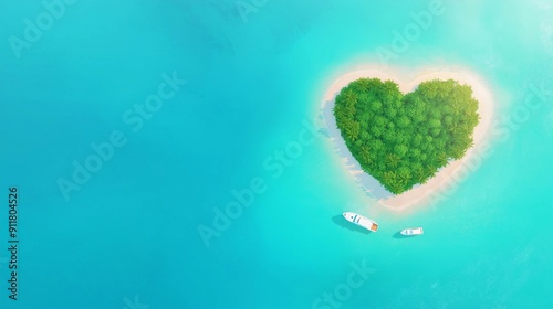 top view of small green island in the shape of a heart in the azzure ocean. Generative ai