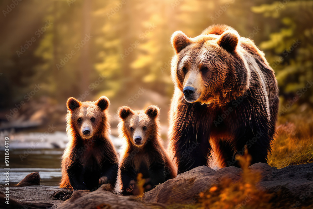 Obraz premium Brown bear family walk in a wild forest.