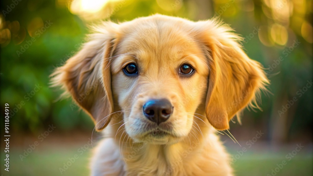 Close-up of a golden retriever puppy, soft natural light, playful and adorable. Close-up of a golden retriever puppy, soft natural light, playful and adorable.