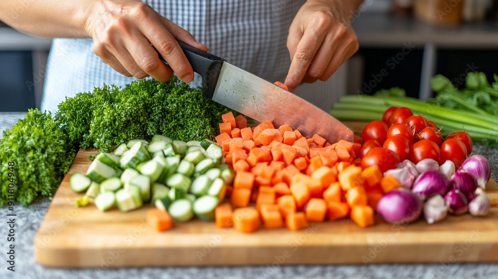 chef meticulously chops fresh vegetables on a wooden cutting board, highlighting the essence of culinary precision and the importance of using fresh ingredients in cooking chef meticulously chops fresh vegetables on a wooden cutting board, highlighting the essence of culinary precision and the importance of using fresh ingredients in cooking
