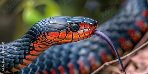 Australian Red bellied Black Snake flicking its tongue photo