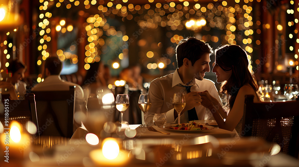 A couple dressed elegantly, dining under a chandelier in a fancy restaurant, enjoying a romantic evening. A couple dressed elegantly, dining under a chandelier in a fancy restaurant, enjoying a romantic evening.