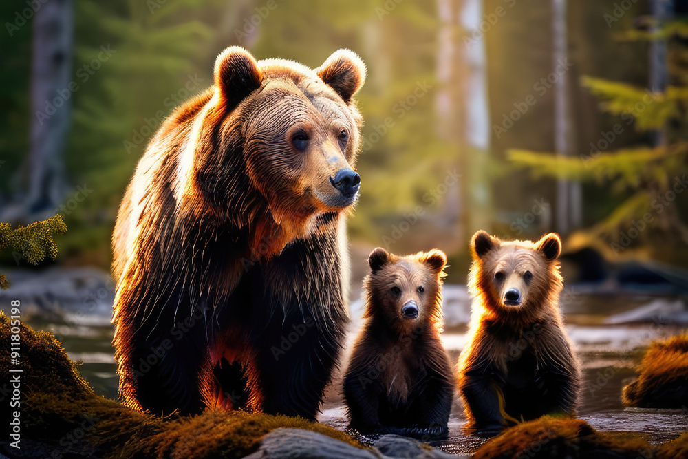 Fototapeta premium Brown bear family walk in a wild forest.