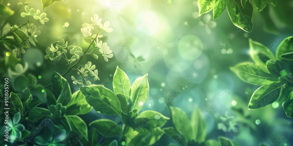 Green leaves, white flowers, blurry background. Green leaves, white flowers, blurry background.