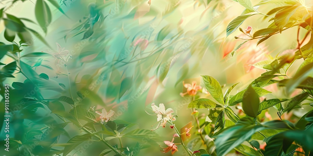 Flowers and leaves in a blurred green background. Flowers and leaves in a blurred green background.