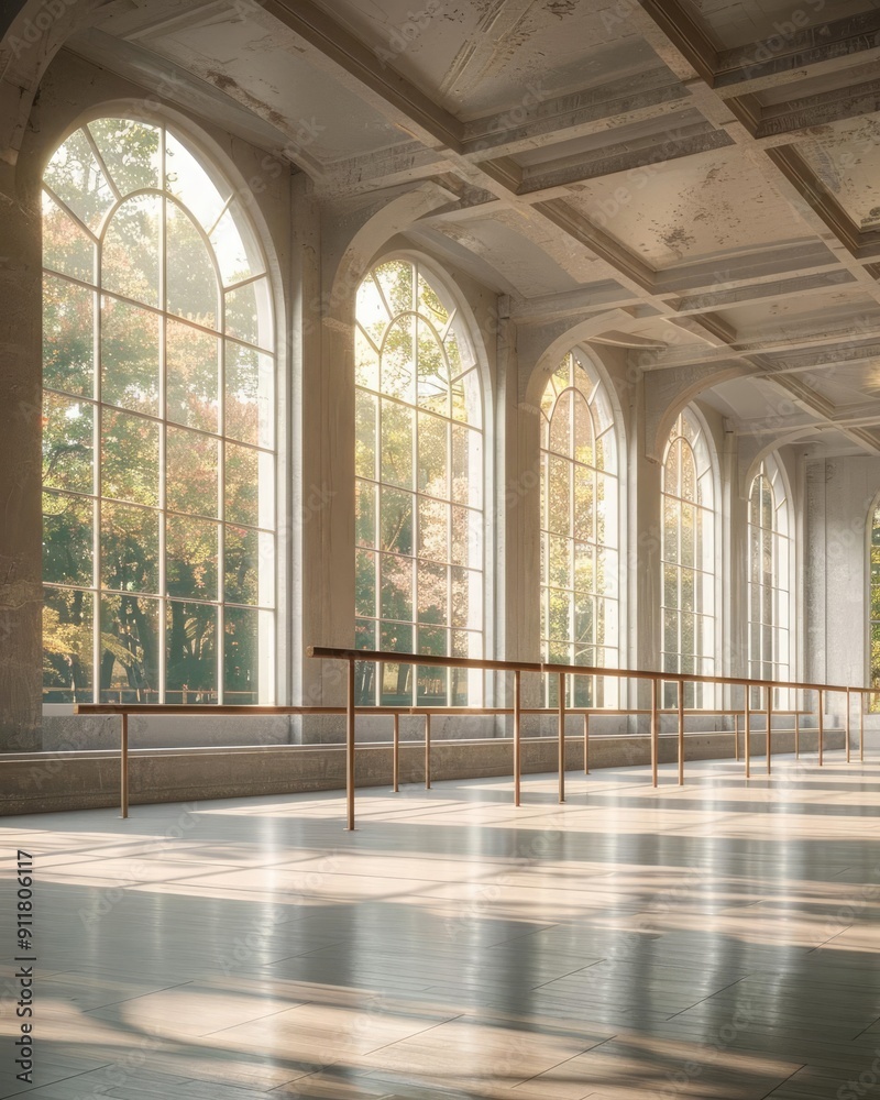 Dance studio with ballet barres and large windows, filled with natural light Dance studio with ballet barres and large windows, filled with natural light